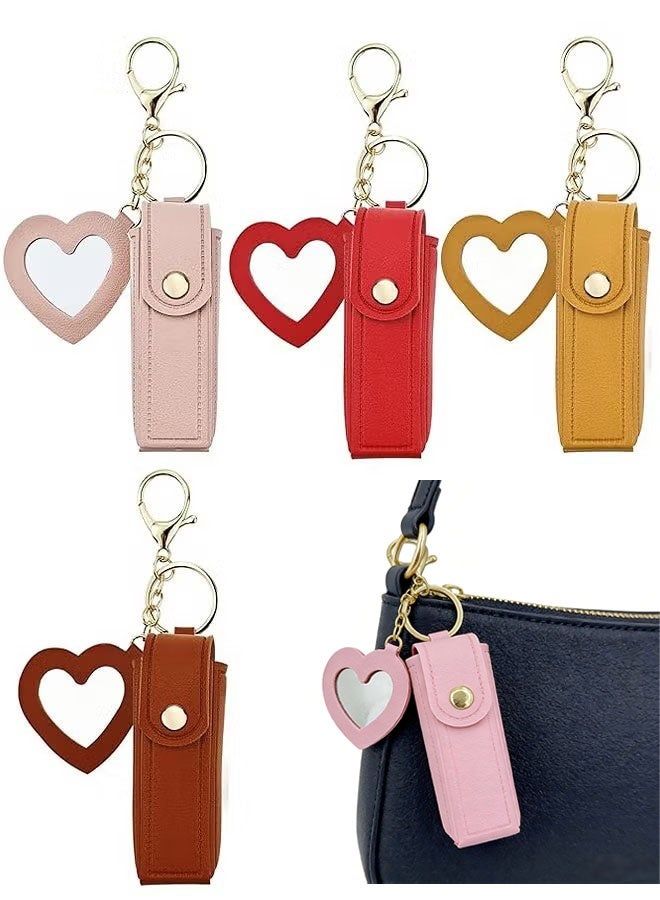 مجموعة من 4 قطع من حامل مرطب الشفاه الجلدي المحمول مع سلسلة مفاتيح ومرآة، سلسلة مفاتيح لأحمر الشفاه، منظم مرطب الشفاه، حقيبة تخزين مكياج السفر للنساء والفتيات - Image 1